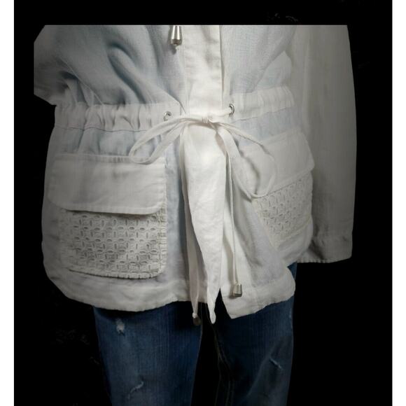 Saint Tropez West White Eyelet Linen Button Cinch Waist Utility Jacket Sz Medium - Picture 12 of 16